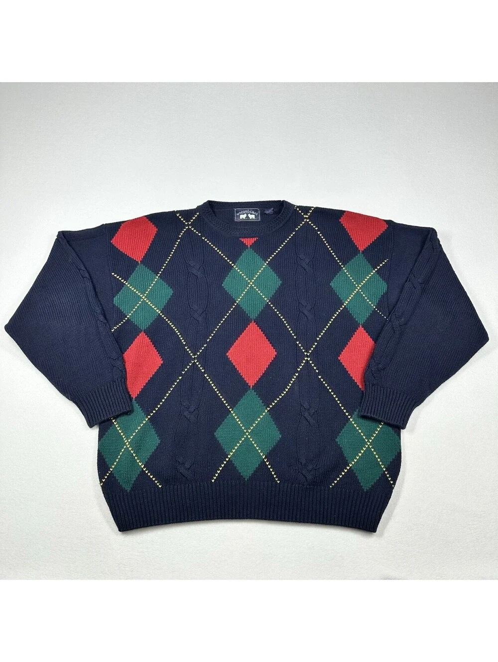 Vintage 90s Woods & Gray Cotton Argyle Cable Knit Sweater Grandpacore Cozy Sz LG